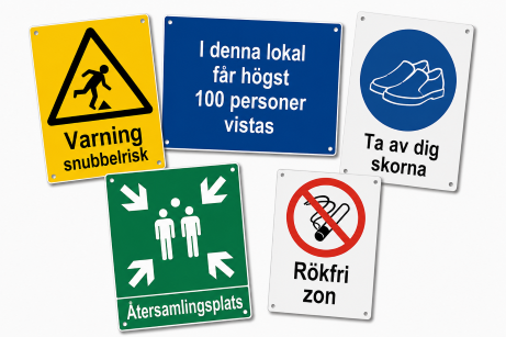 Exempel på informationsskyltar med eget tryck för kontor, industri och offentlig miljö