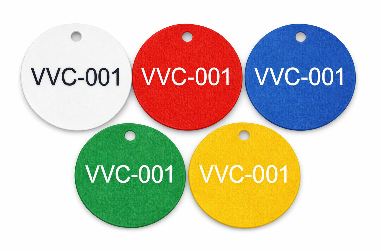 Ventilbrickor i flera färger med graverad text