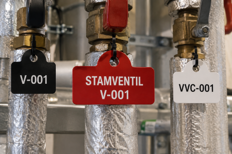 Hängskyltar i plast med fästhål och beteckningen VVC-001, Stamventil, V-001